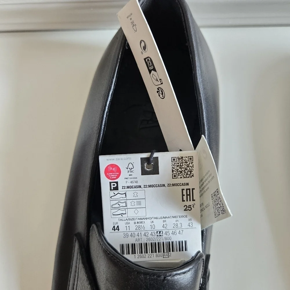 New Zara Men's Classic 100% Leather Black Slip-On Loafers 11 US/44 EU NWT